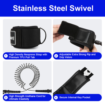 Stainless Steel Double Swivels Durable Body Board Leashes for 6'7'8'9'10'11' Boards